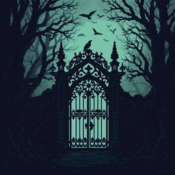 A dark, gothic gate surrounded by thick, ominous trees, creating a mysterious atmosphere