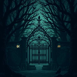 A dark, gothic gate surrounded by thick, ominous trees, creating a mysterious atmosphere