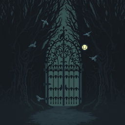 A dark, gothic gate surrounded by thick, ominous trees, creating a mysterious atmosphere