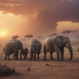 A poignant scene showing a variety of endangered animals standing together on a fading earth, with an emotional sunset in the backdrop, symbolizing the theme 'In The Face Of Extinction'.