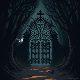 A dark, gothic gate surrounded by thick, ominous trees, creating a mysterious atmosphere