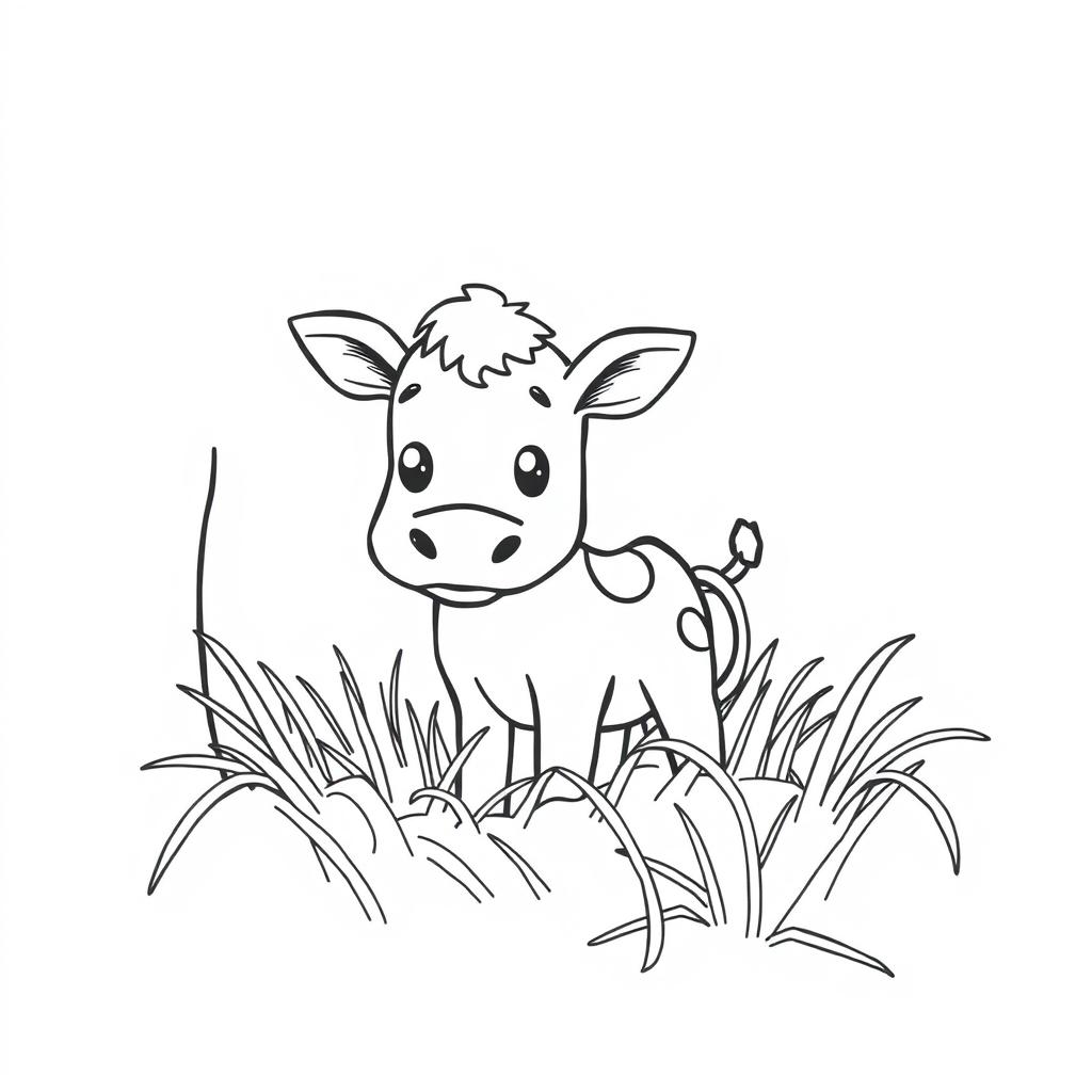 A captivating black and white drawing of a curious calf exploring a straw barn, featuring a clean white background