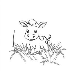 A captivating black and white drawing of a curious calf exploring a straw barn, featuring a clean white background