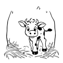 A captivating black and white drawing of a curious calf exploring a straw barn, featuring a clean white background