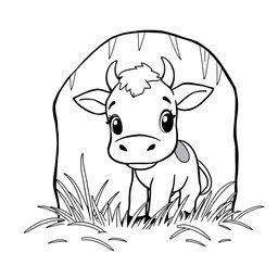 A captivating black and white drawing of a curious calf exploring a straw barn, featuring a clean white background