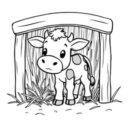 A captivating black and white drawing of a curious calf exploring a straw barn, featuring a clean white background