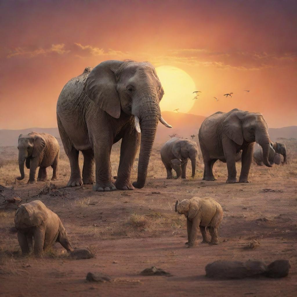 A poignant scene showing a variety of endangered animals standing together on a fading earth, with an emotional sunset in the backdrop, symbolizing the theme 'In The Face Of Extinction'.