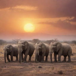 A poignant scene showing a variety of endangered animals standing together on a fading earth, with an emotional sunset in the backdrop, symbolizing the theme 'In The Face Of Extinction'.