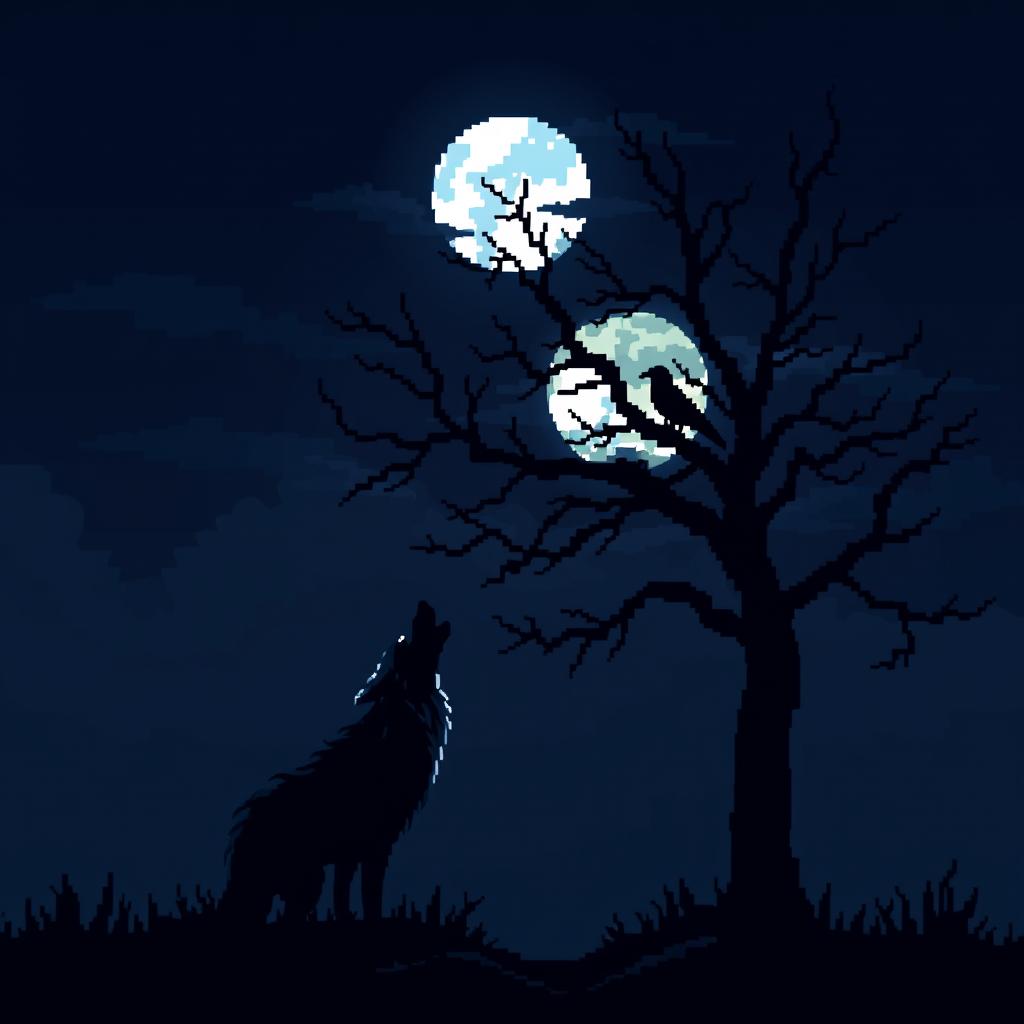 A pixel art depiction of a dark night scene featuring a howling wolf in the foreground next to a dark, leafless tree