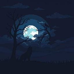 A pixel art depiction of a dark night scene featuring a howling wolf in the foreground next to a dark, leafless tree