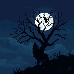 A pixel art depiction of a dark night scene featuring a howling wolf in the foreground next to a dark, leafless tree