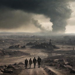 A deep, symbolic scene depicting humanity on the brink of extinction with a desolate, hellish landscape in the background, symbolizing a dystopian future.