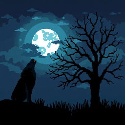 A pixel art depiction of a dark night scene featuring a howling wolf in the foreground next to a dark, leafless tree