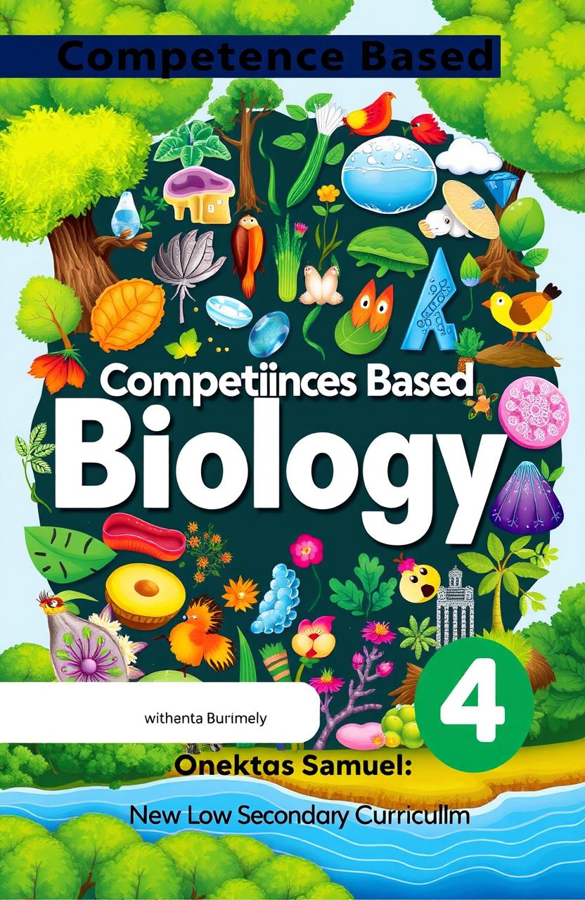 A detailed cover design for a biology textbook titled 'Competence Based Biology Book 4' tailored for the New Lower Secondary Curriculum