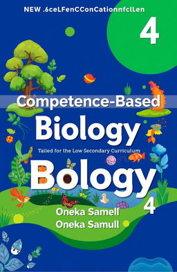 A detailed cover design for a biology textbook titled 'Competence Based Biology Book 4' tailored for the New Lower Secondary Curriculum