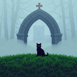 A black cat sitting on lush green grass, in front of a large stone arch with a cross on top