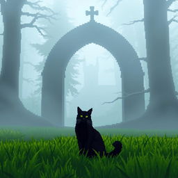 A black cat sitting on lush green grass, in front of a large stone arch with a cross on top