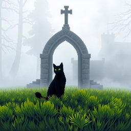 A black cat sitting on lush green grass, in front of a large stone arch with a cross on top