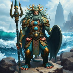 An imposing Triton warrior, standing proudly at the edge of a rocky shore, adorned in intricate, sea-themed armor with coral and shell motifs