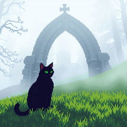 A black cat sitting on lush green grass, in front of a large stone arch with a cross on top