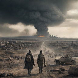 A deep, symbolic scene depicting humanity on the brink of extinction with a desolate, hellish landscape in the background, symbolizing a dystopian future.