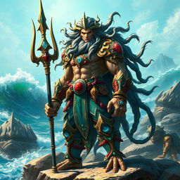 An imposing Triton warrior, standing proudly at the edge of a rocky shore, adorned in intricate, sea-themed armor with coral and shell motifs