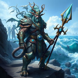 An imposing Triton warrior, standing proudly at the edge of a rocky shore, adorned in intricate, sea-themed armor with coral and shell motifs