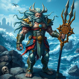 An imposing Triton warrior, standing proudly at the edge of a rocky shore, adorned in intricate, sea-themed armor with coral and shell motifs