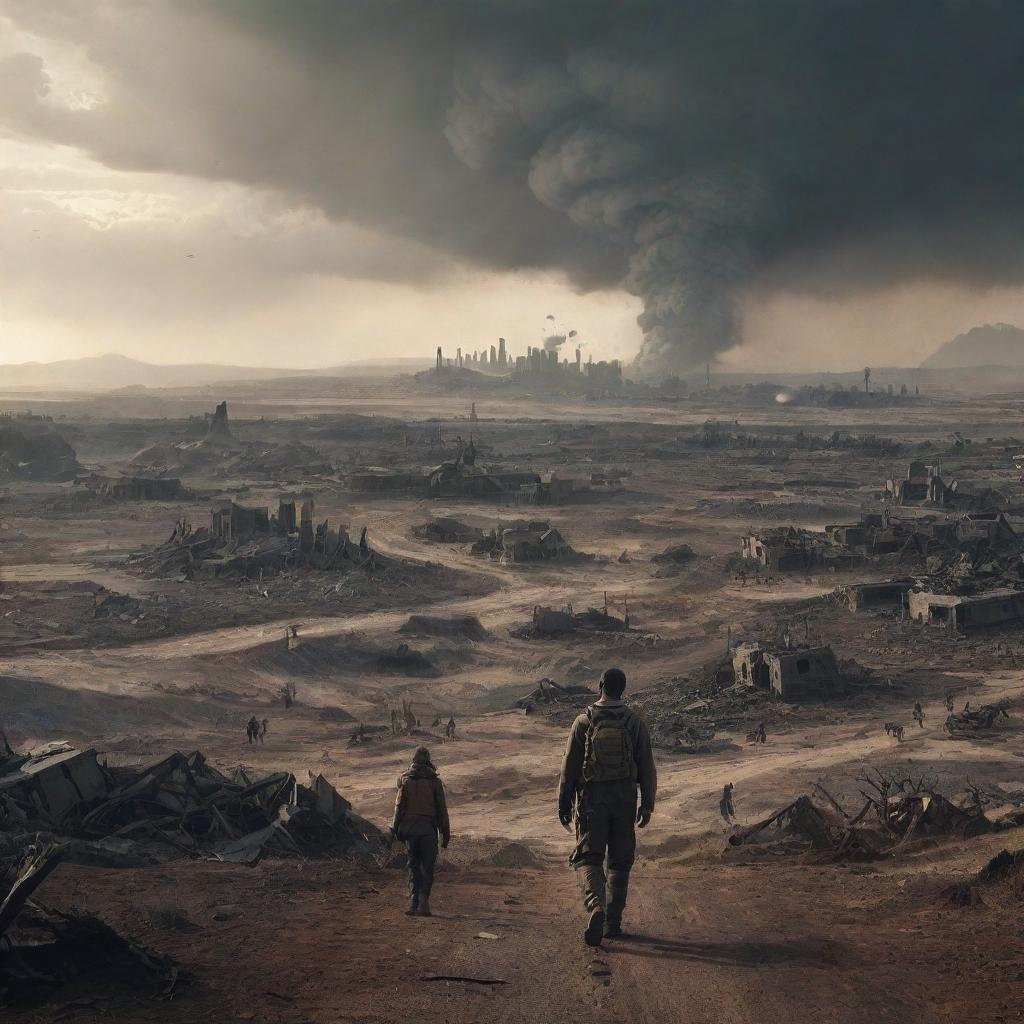 A deep, symbolic scene depicting humanity on the brink of extinction with a desolate, hellish landscape in the background, symbolizing a dystopian future.