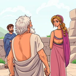 A decrepit old Greek man in love with a young and beautiful Greek woman, viewed from the back