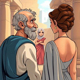 A decrepit old Greek man in love with a young and beautiful Greek woman, viewed from the back