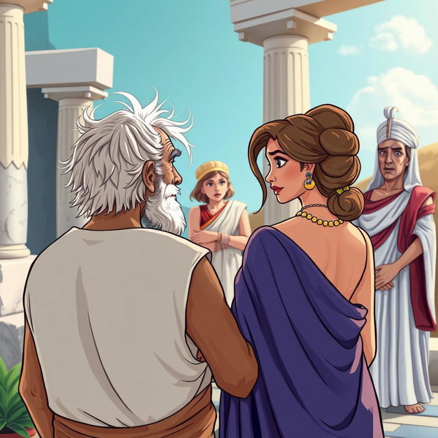 A decrepit old Greek man in love with a young and beautiful Greek woman, viewed from the back