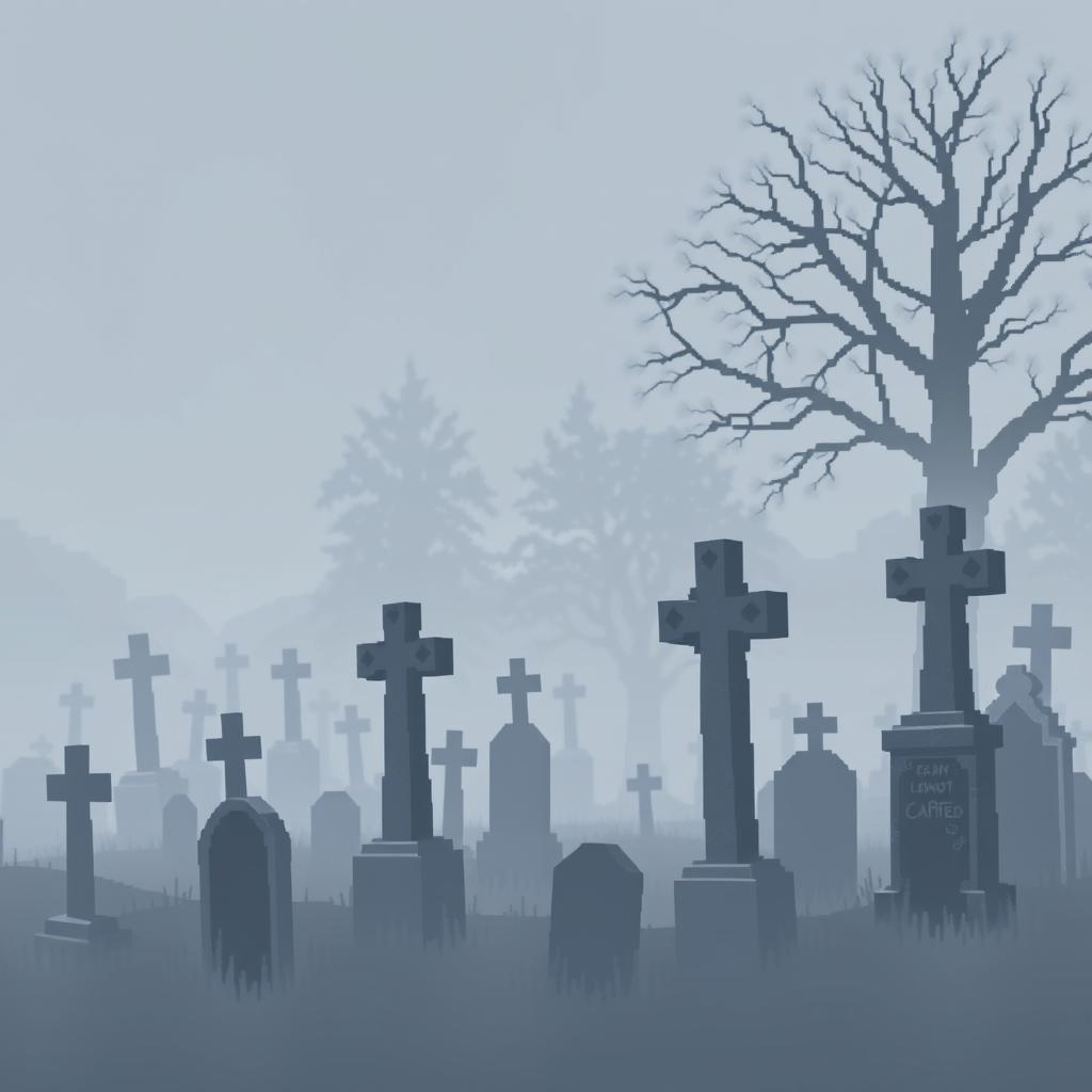 A pixel art depiction of a cemetery shrouded in thick fog, creating a mysterious and slightly gloomy atmosphere