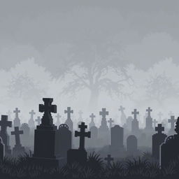 A pixel art depiction of a cemetery shrouded in thick fog, creating a mysterious and slightly gloomy atmosphere