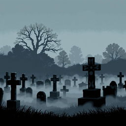 A pixel art depiction of a cemetery shrouded in thick fog, creating a mysterious and slightly gloomy atmosphere