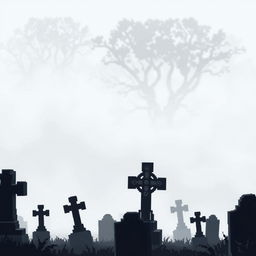 A pixel art depiction of a cemetery shrouded in thick fog, creating a mysterious and slightly gloomy atmosphere