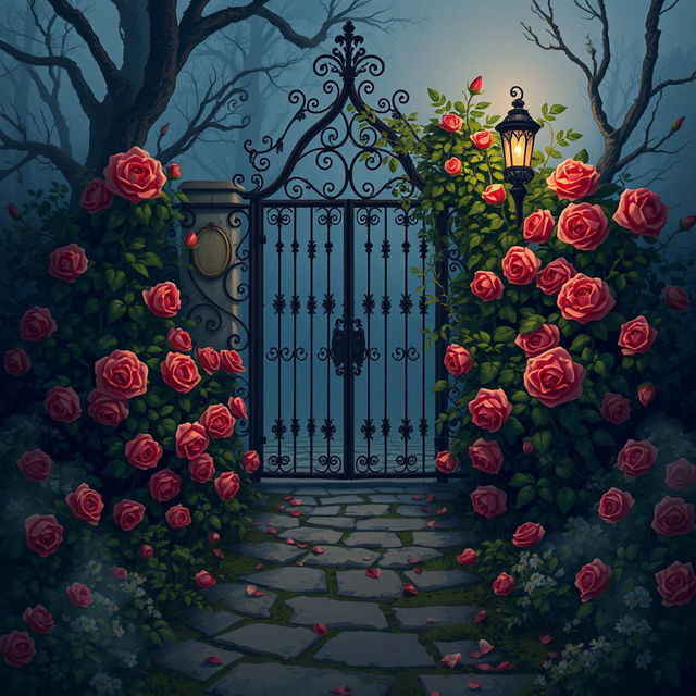 An atmospheric and mysterious garden featuring a wrought iron gate