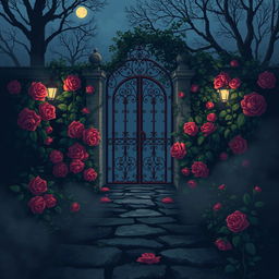 An atmospheric and mysterious garden featuring a wrought iron gate