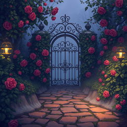 An atmospheric and mysterious garden featuring a wrought iron gate