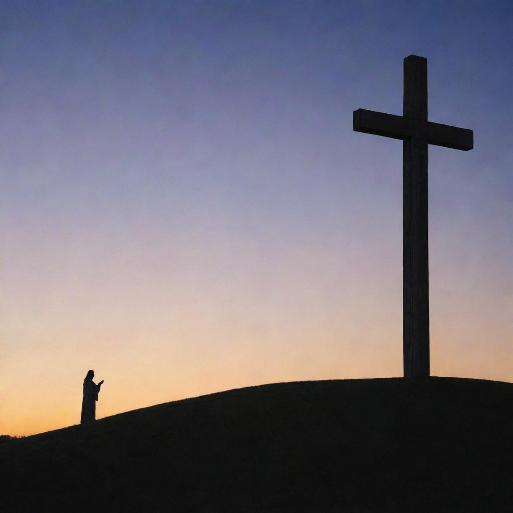 A respectful, serene depiction of Jesus Christ atop a hill with a large wooden cross silhouette in the evening twilight.