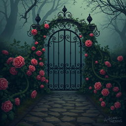 An atmospheric and mysterious garden featuring a wrought iron gate