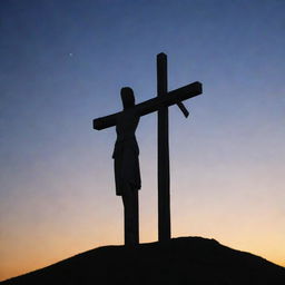 A respectful, serene depiction of Jesus Christ atop a hill with a large wooden cross silhouette in the evening twilight.