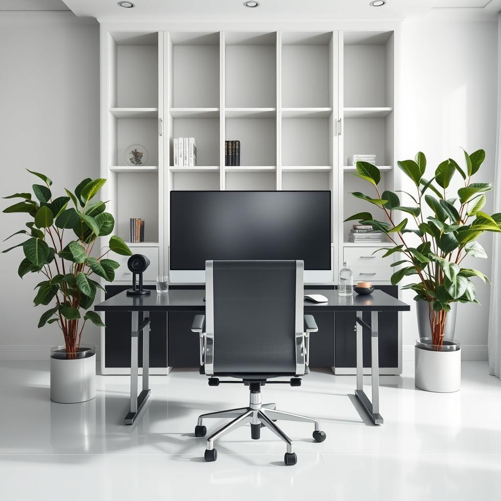 A modern home office setup featuring a sleek desktop with a large screen monitor, positioned prominently on the desk