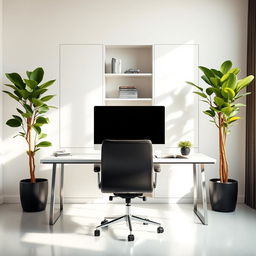 A modern home office setup featuring a sleek desktop with a large screen monitor, positioned prominently on the desk