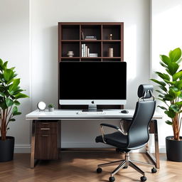 A modern home office setup featuring a sleek desktop with a large screen monitor, positioned prominently on the desk