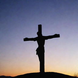 A respectful, serene depiction of Jesus Christ atop a hill with a large wooden cross silhouette in the evening twilight.