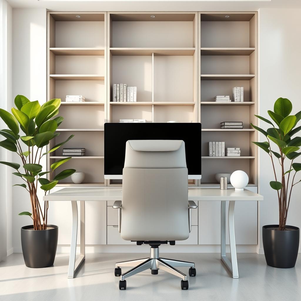 A modern home office setup featuring a sleek desktop with a large screen monitor, positioned prominently on the desk