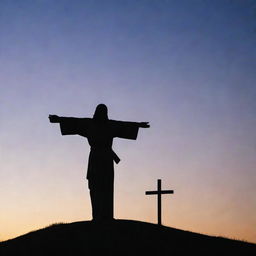 A respectful, serene depiction of Jesus Christ atop a hill with a large wooden cross silhouette in the evening twilight.