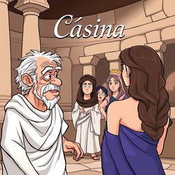 A comical scene set in an ancient Greek theater, featuring a decrepit old Greek man gazing with desire at a beautiful young Greek woman, who is seen from the back