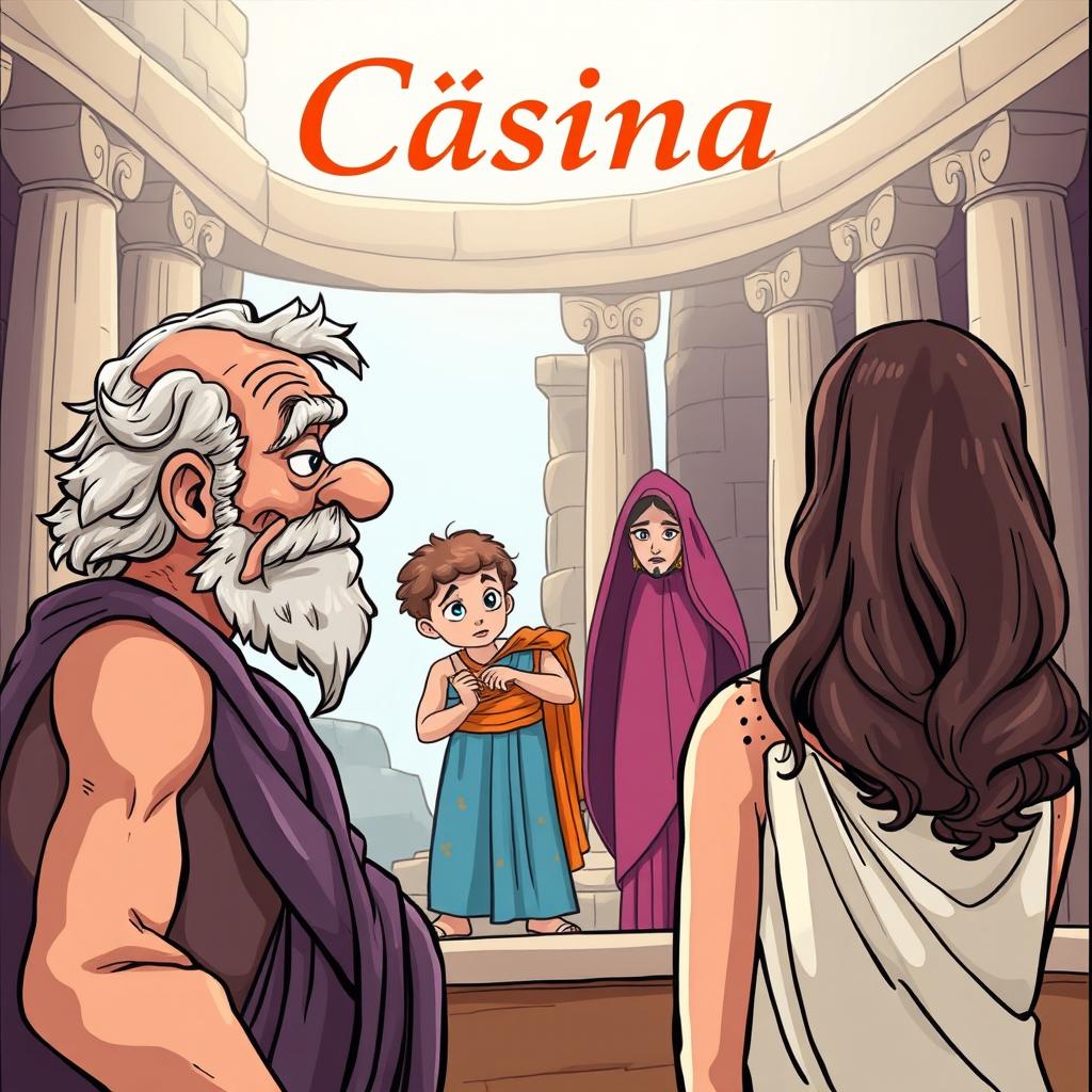 A comical scene set in an ancient Greek theater, featuring a decrepit old Greek man gazing with desire at a beautiful young Greek woman, who is seen from the back